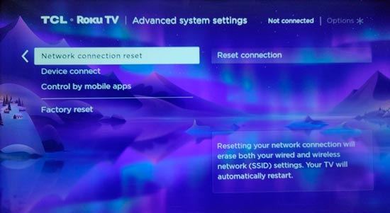 resetear conexion de red de roku