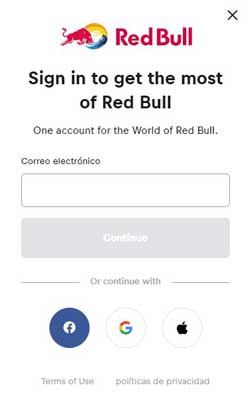 Continuar con para registrarse en Red bull tv