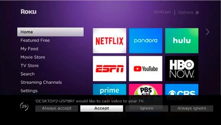 aceptar conexion de roku y una pc