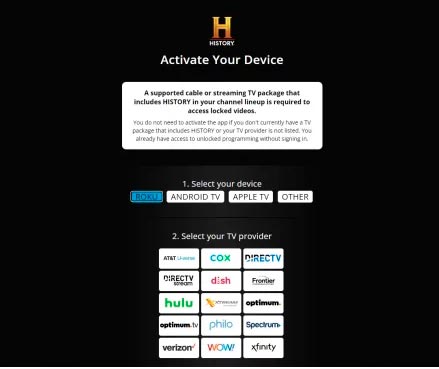 página web de activación de History Channel.